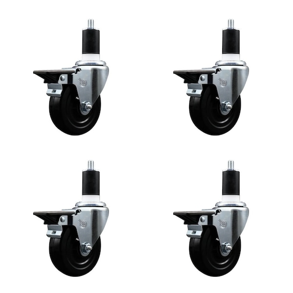 4'' Hard Rubber Swivel 1-1/2'' Expanding Stem Caster Set with Brake, 4PK